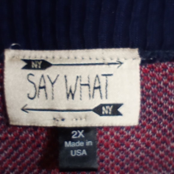 Say What 2X Cardigan Red Blue Plaid Contrast Trim Open Front Long Sleeve Stretch - Picture 10 of 11